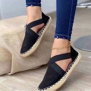 Fabiolas Espadrille Sandals Black Leather Upper EU Size 37 Wedge Heel Made Spain